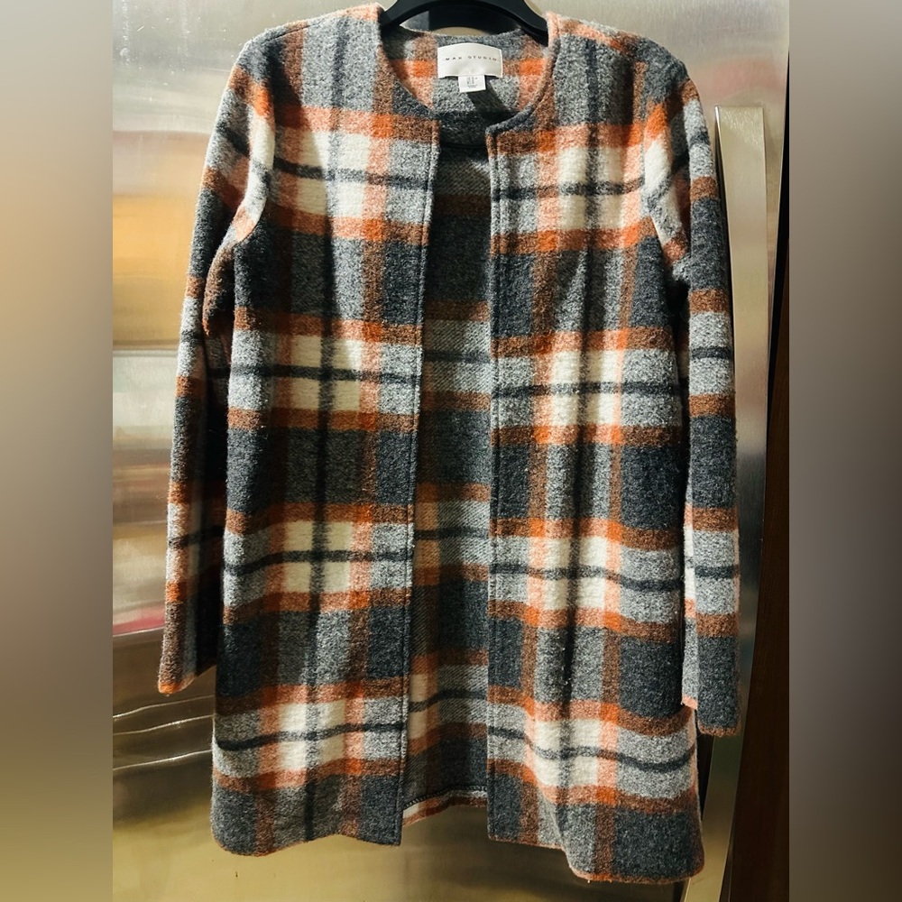 Max Studio✨🤎🧡Plaid Cardigan Sweater - Gray, Orange, Cream